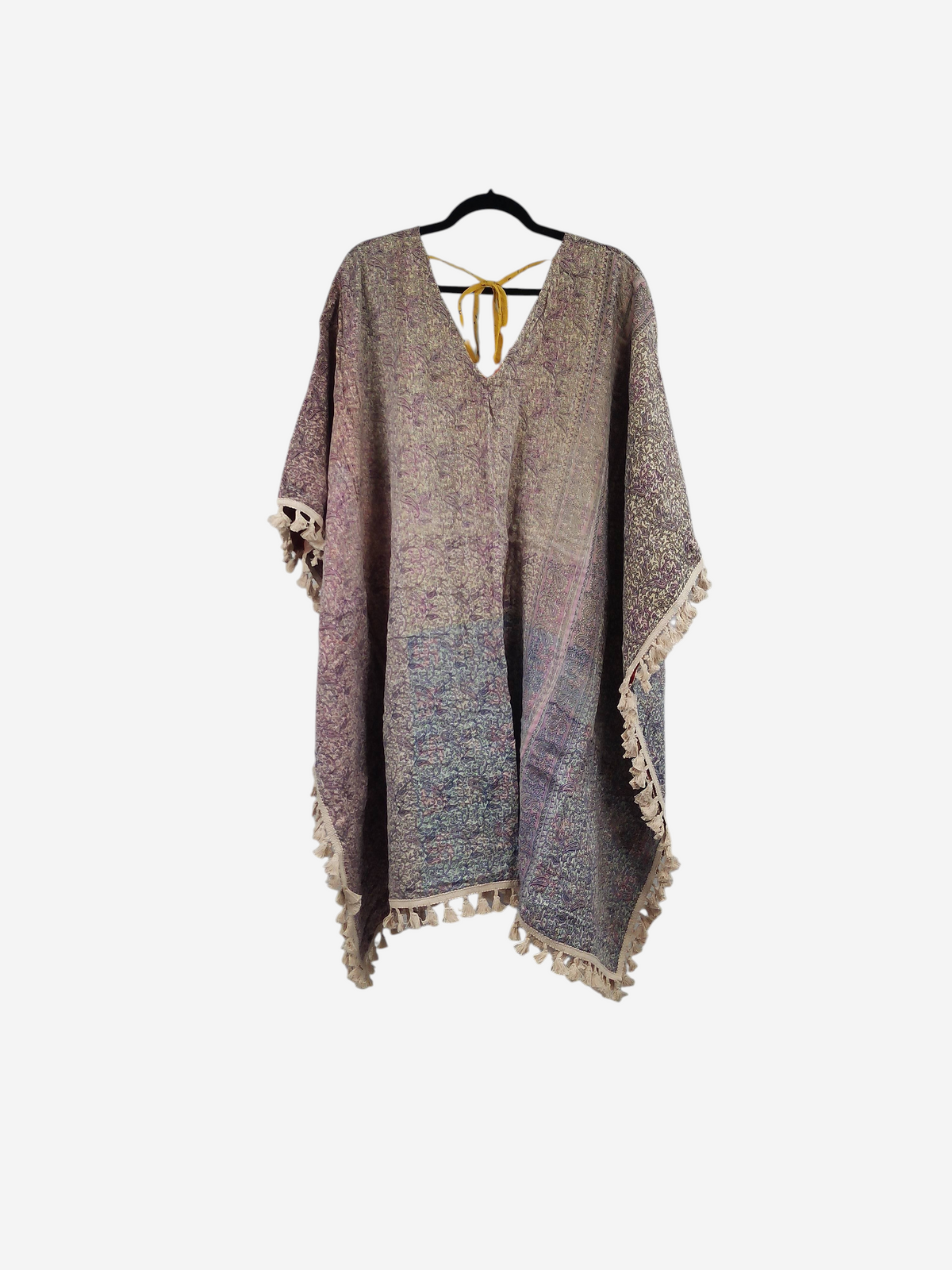 She Lives Beauty reversible long sleeve kimono made from vintage kantha cotton sari fabric with fringe trim