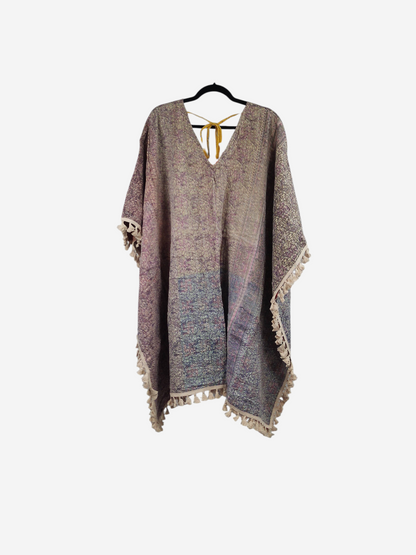 She Lives Beauty reversible long sleeve kimono made from vintage kantha cotton sari fabric with fringe trim