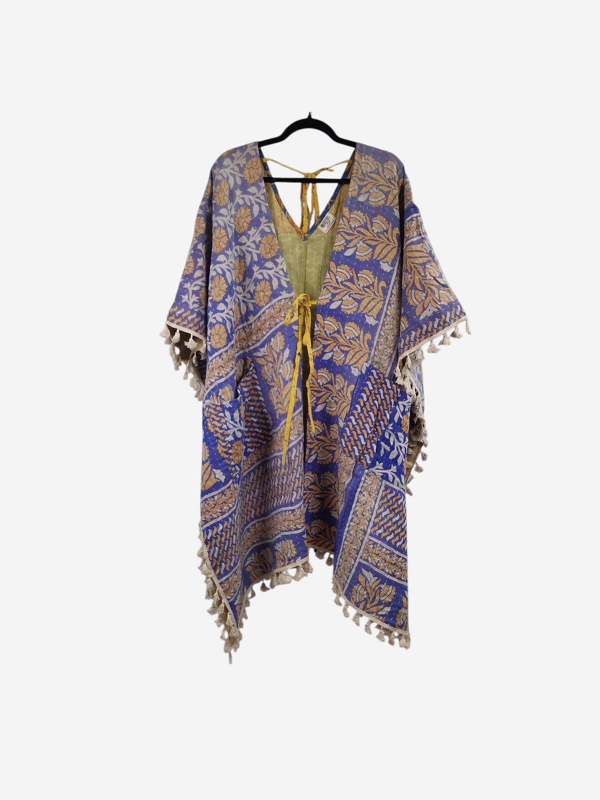 She Lives Beauty reversible kimono in purple and gold vintage cotton kantha fabric with fringe and front tie closure