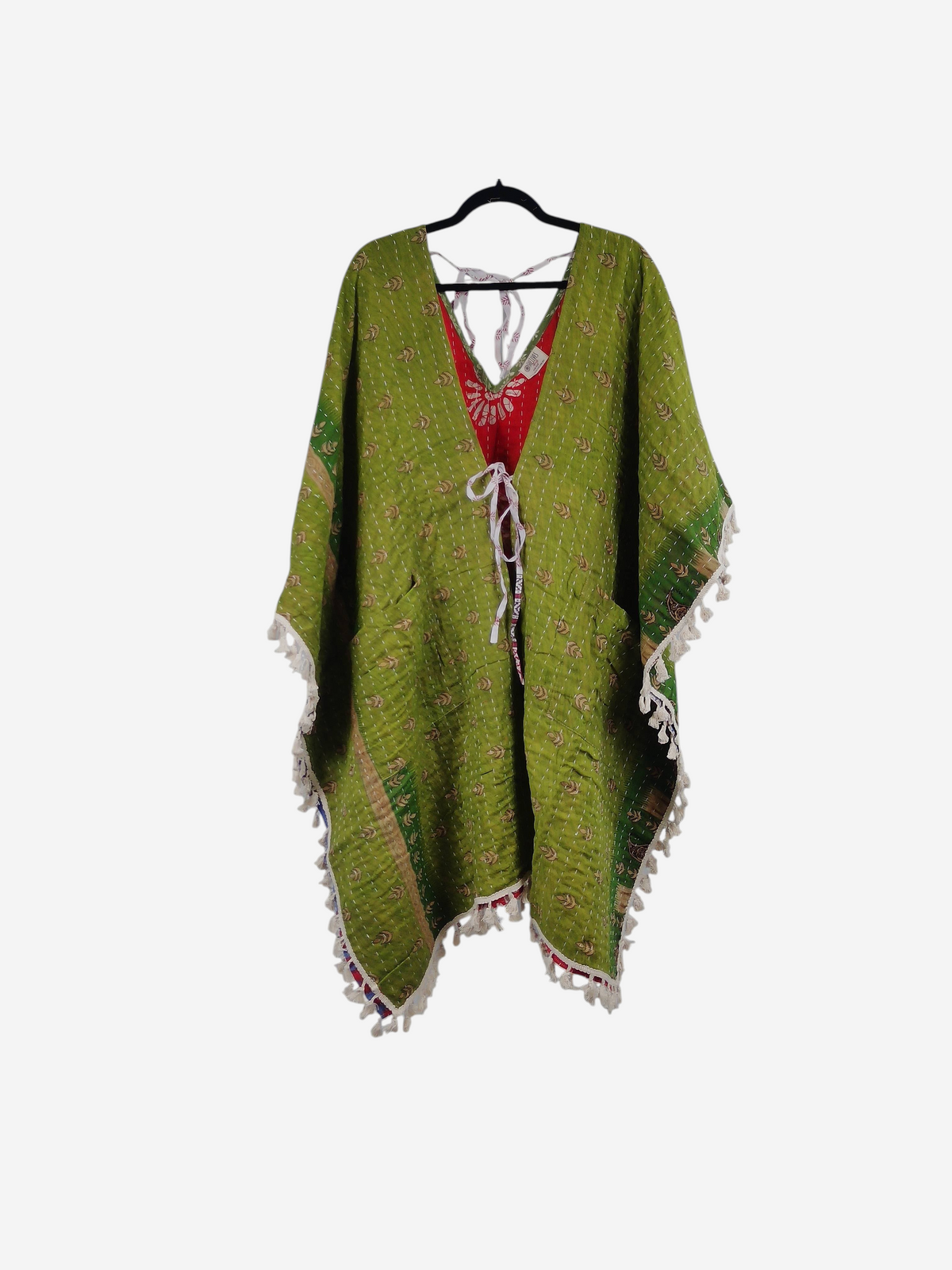 She Lives Beauty reversible green kantha kimono with fringe trim and front tie closure made from vintage cotton saris