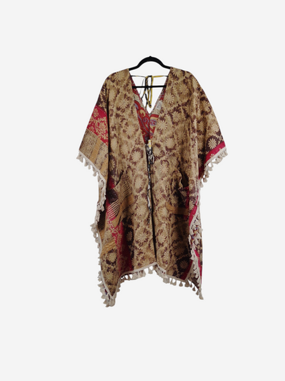 She Lives Beauty reversible kantha kimono in brown floral vintage cotton with fringe trim and front tie closure
