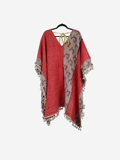 She Lives Beauty reversible long sleeve Willow fringe Kantha kimono in red and beige vintage cotton sari fabric