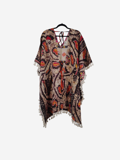 She Lives Beauty reversible long sleeve Kantha kimono in vintage cotton with brown and red batik print and fringe trim