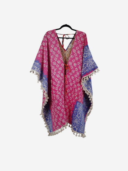 She Lives Beauty reversible pink and blue floral kantha kimono with fringe trim and front tie closure