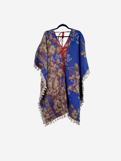 She Lives Beauty reversible long sleeve kimono in blue and brown vintage kantha cotton with fringe trim