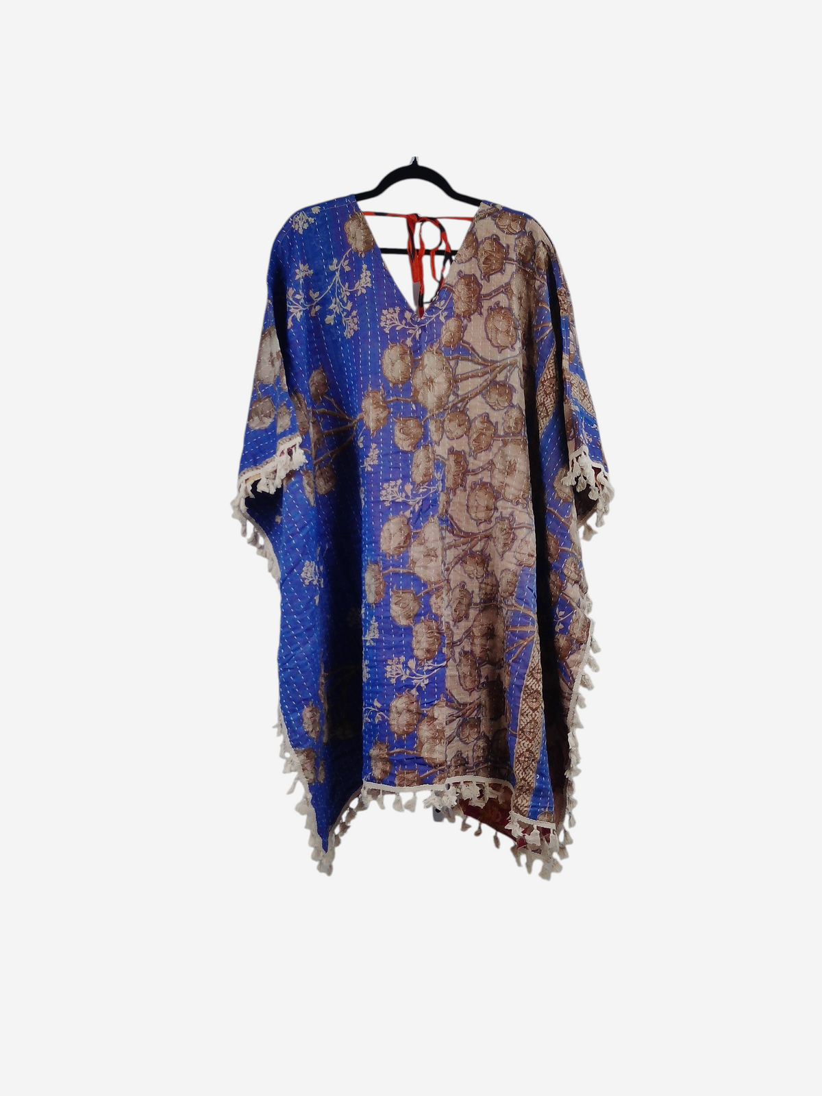 She Lives Beauty reversible long sleeve kimono in blue and tan floral vintage kantha cotton with fringe trim