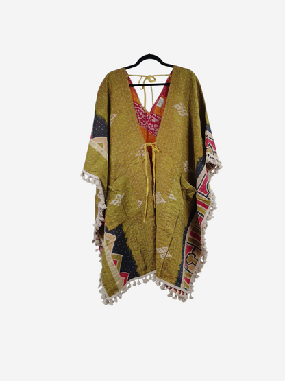 She Lives Beauty reversible long sleeve Willow fringe Kantha kimono made from vintage cotton sari fabric