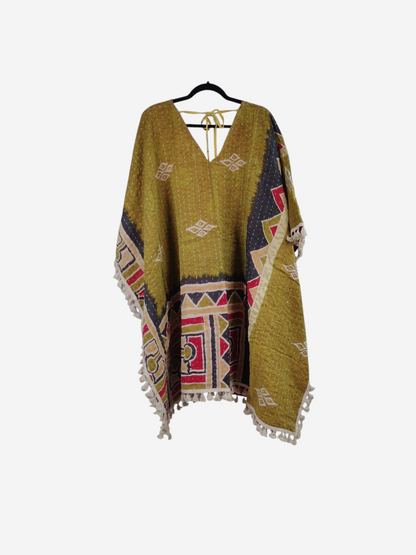 She Lives Beauty reversible kimono in olive green vintage cotton with geometric patterns and fringe trim