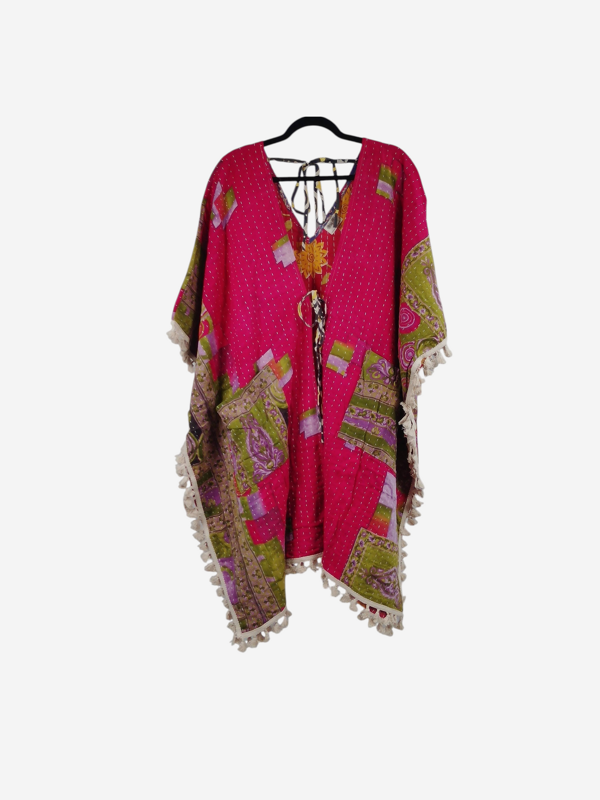 She Lives Beauty reversible long sleeve kimono in pink vintage kantha cotton with fringe trim and front tie closure
