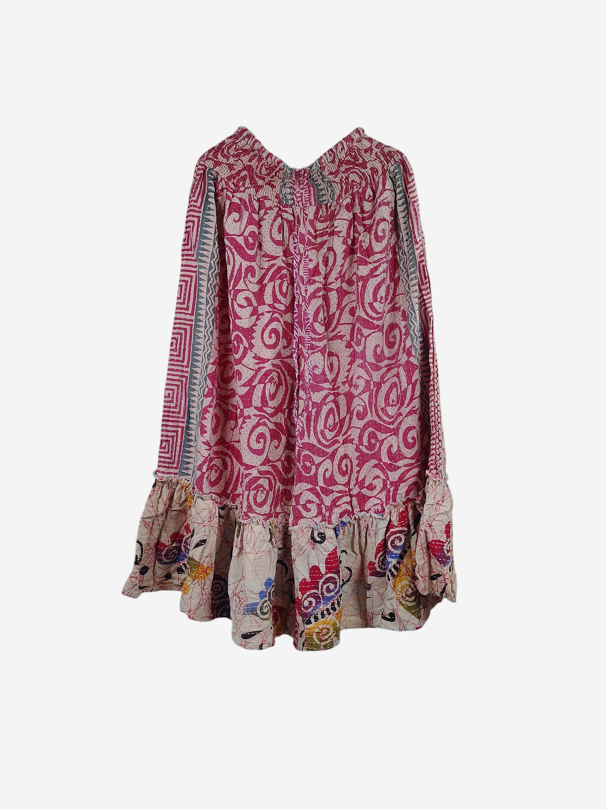 She Lives Beauty Anything for Selenas pants made from vintage pink and cream Kantha cotton with a ruffled hem