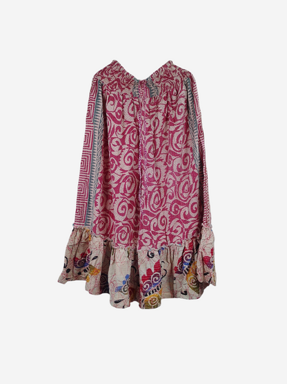 She Lives Beauty Anything for Selenas pants made from vintage pink and cream Kantha cotton with a ruffled hem