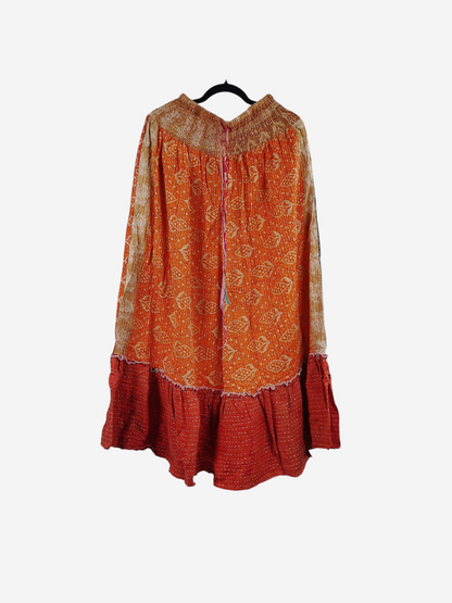 She Lives Beauty Anything for Selenas pants in orange and red vintage kantha cotton with an oversized ruffle hem.