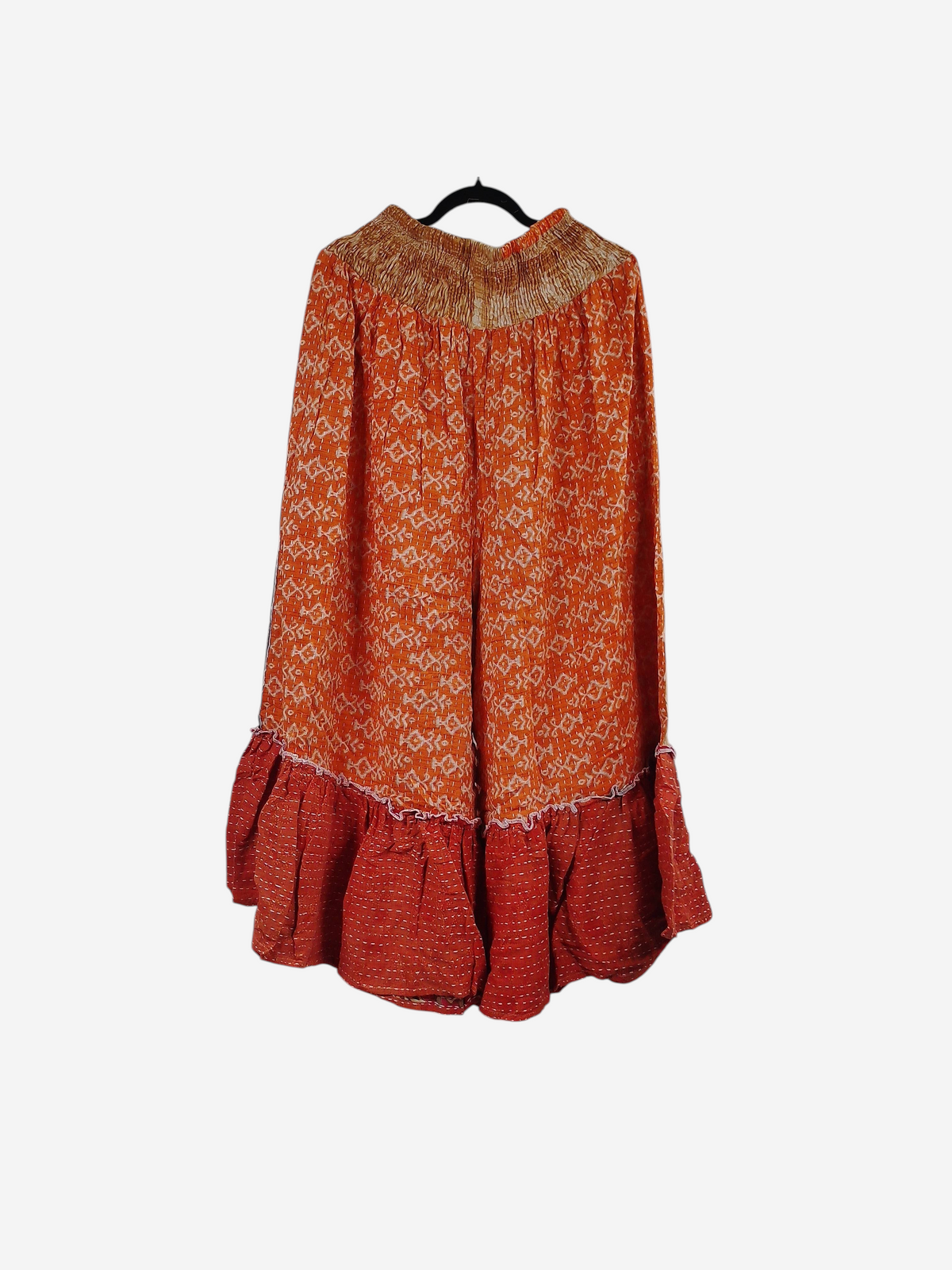 She Lives Beauty Anything for Selenas pants in orange vintage kantha cotton with an oversized ruffle hem