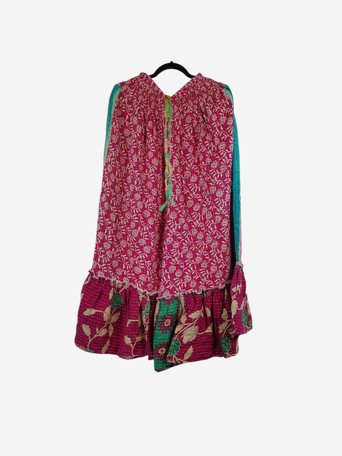 She Lives Beauty Anything for Selenas pants in pink and teal vintage kantha cotton with a ruffled hem.