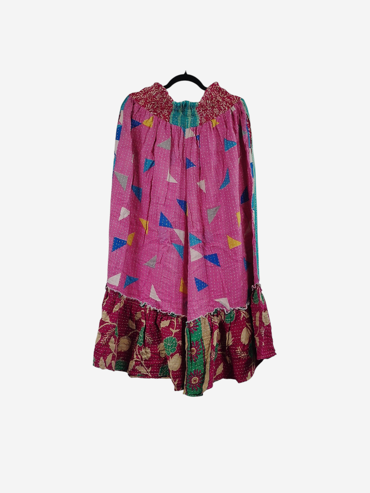 She Lives Beauty Anything for Selenas pants in pink vintage kantha cotton with a ruffled hem and geometric print.