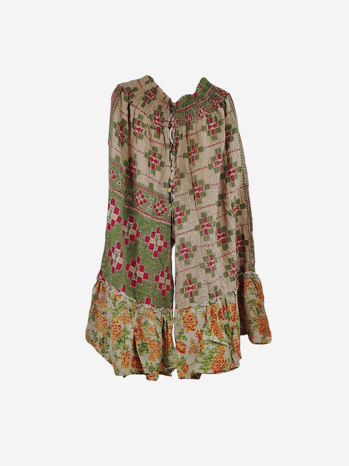 She Lives Beauty Anything for Selenas pants in vintage kantha cotton with green geometric and floral ruffle hem