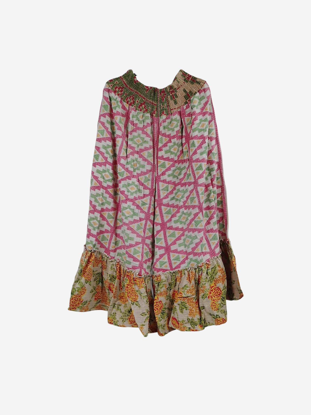She Lives Beauty Anything for Selenas pants in vintage kantha cotton with pink geometric print and floral ruffle hem