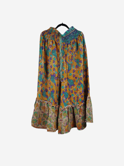 She Lives Beauty Anything for Selenas pants in vintage kantha cotton with floral print and oversized ruffle hem.