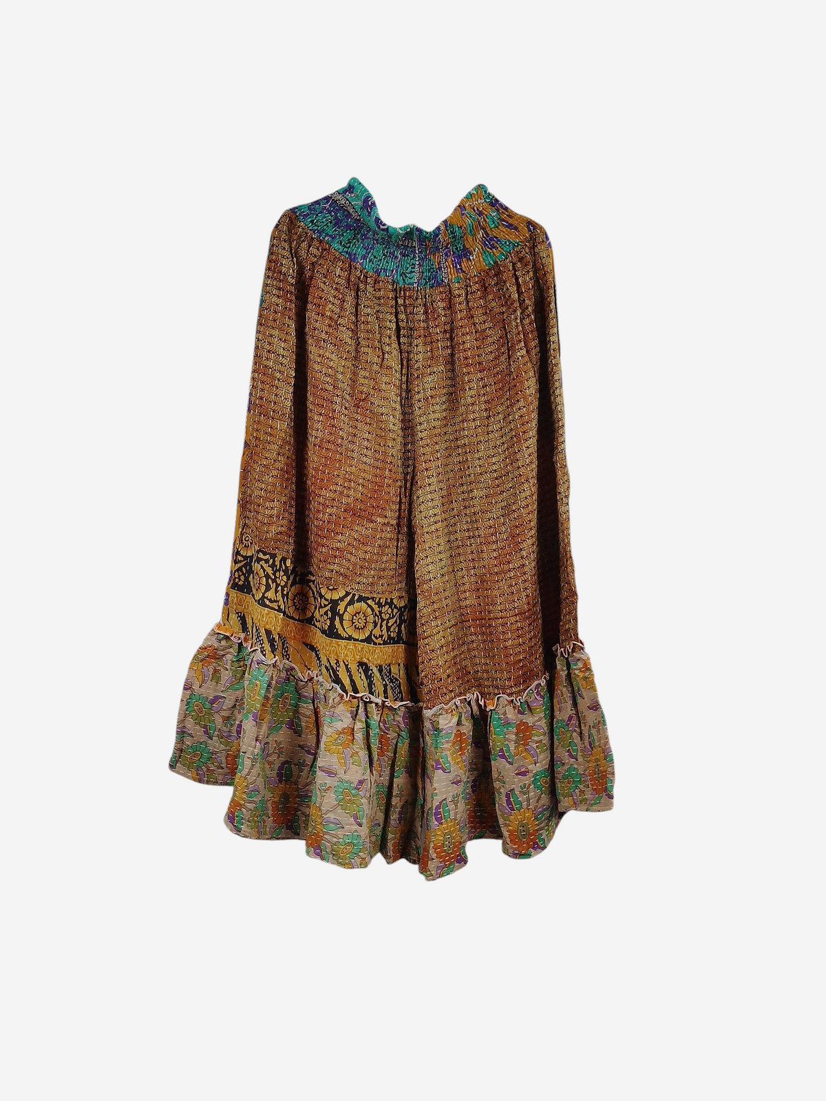 She Lives Beauty Anything for Selenas pants in vintage kantha cotton with a brown patterned body and ruffled hem