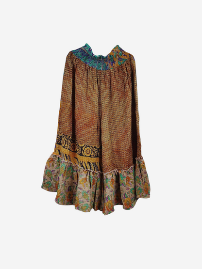 She Lives Beauty Anything for Selenas pants in vintage kantha cotton with a brown patterned body and ruffled hem