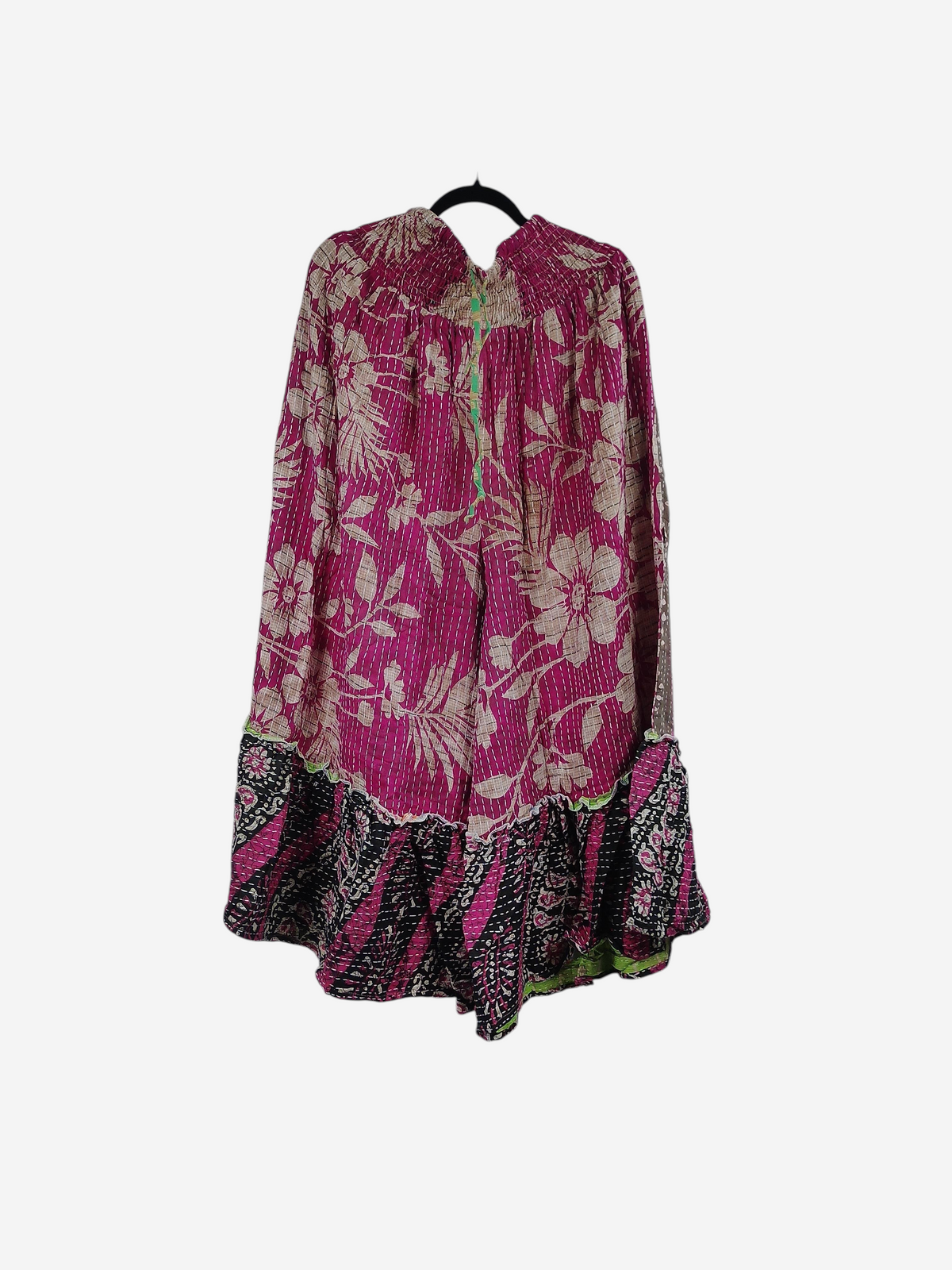 She Lives Beauty Anything for Selenas pants in magenta vintage kantha cotton with floral print and ruffled hem