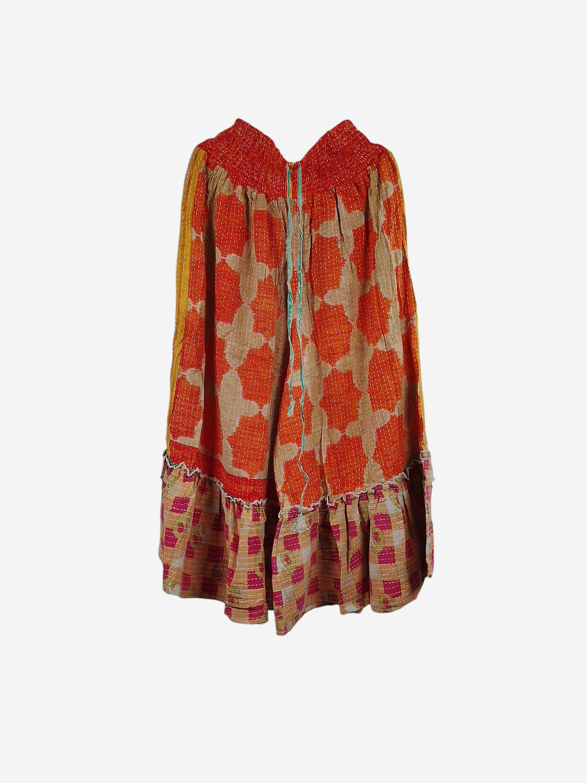 She Lives Beauty Anything for Selenas pants in orange and pink vintage kantha cotton with a ruffled hem.