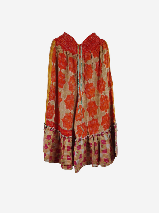She Lives Beauty Anything for Selenas pants in orange and pink vintage kantha cotton with a ruffled hem.