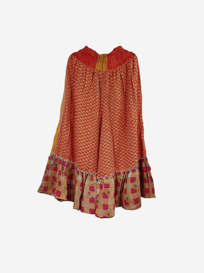 She Lives Beauty Anything for Selenas Pants in orange vintage Kantha cotton with a ruffled hem and elastic waist.