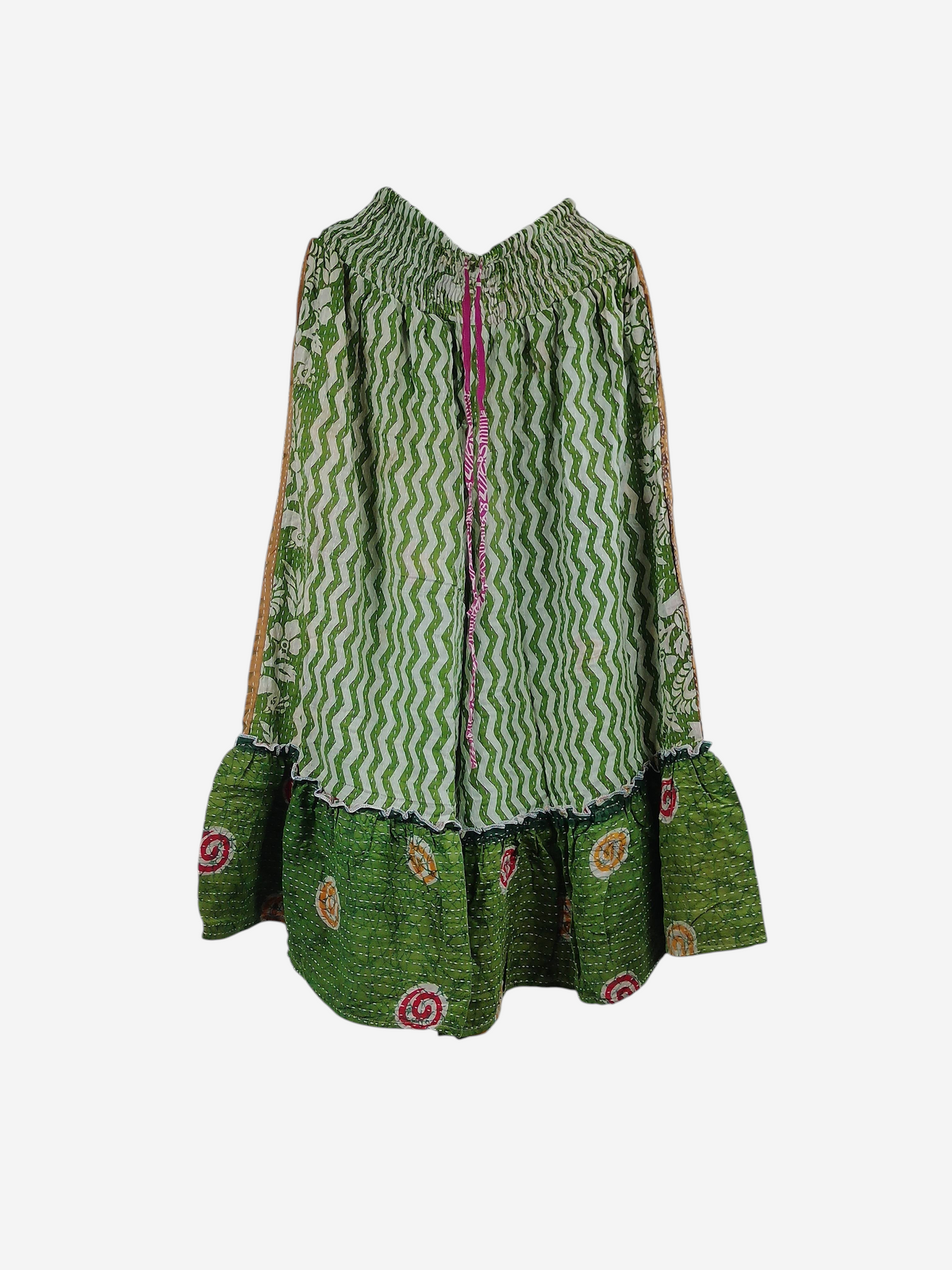 She Lives Beauty Anything for Selenas pants in green vintage Kantha cotton with a wavy pattern and ruffle hem.