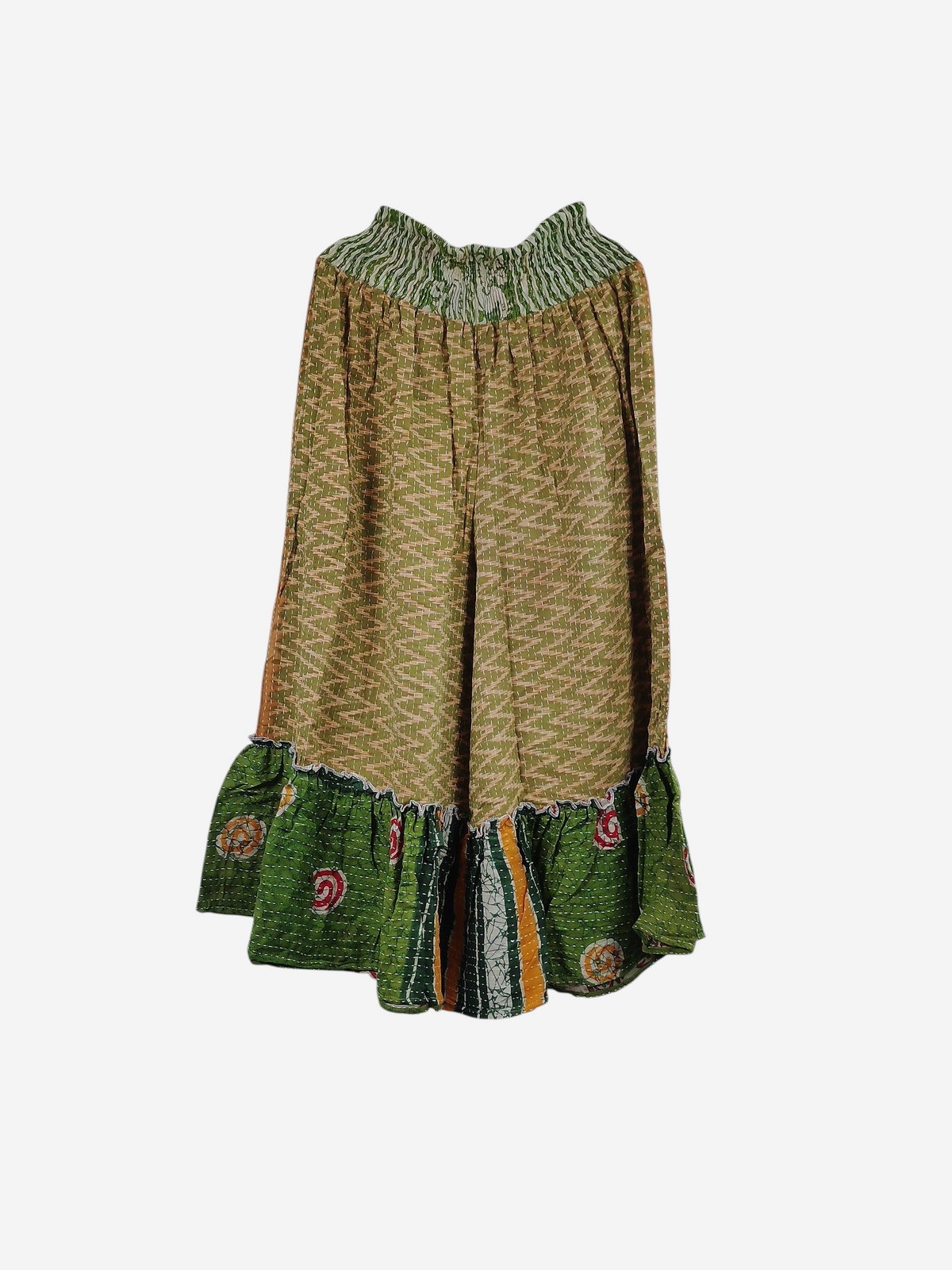 She Lives Beauty Anything for Selenas Pants in vintage kantha cotton with green and tan geometric patterns and ruffle hem