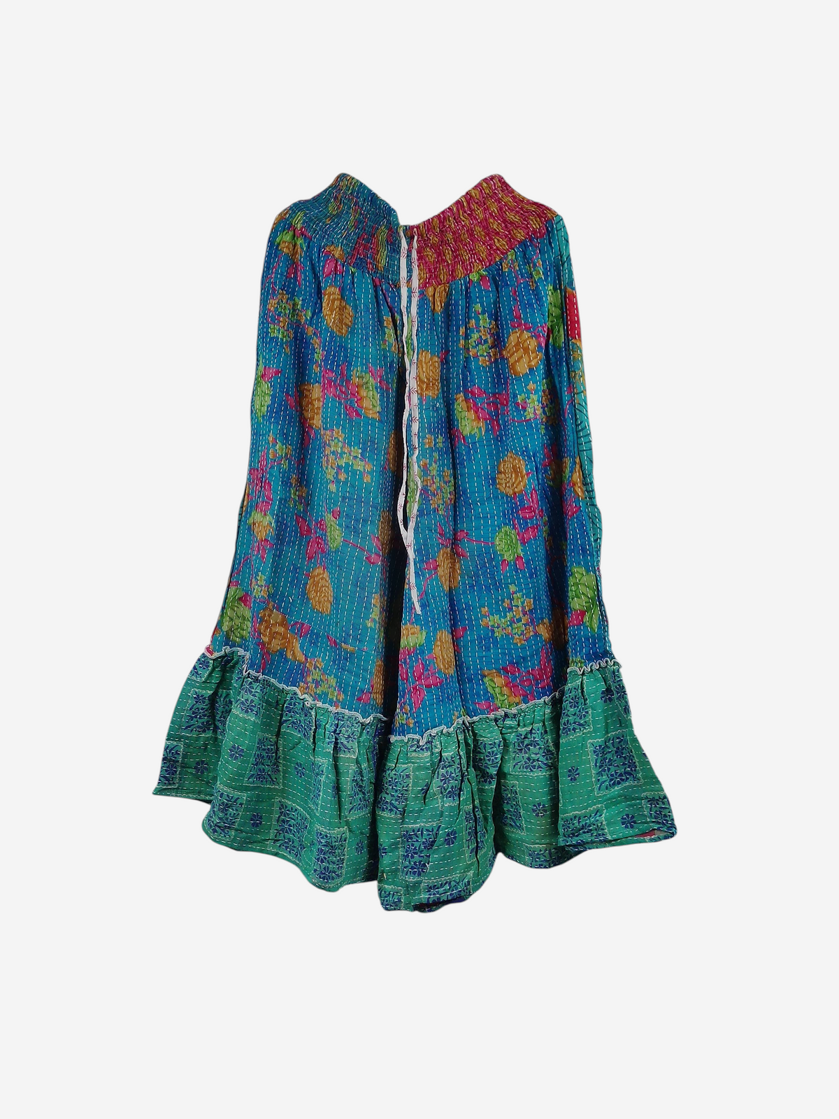 She Lives Beauty Anything for Selenas pants in blue vintage kantha cotton with floral patterns and a ruffled hem.