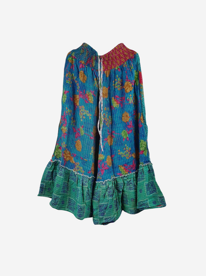 She Lives Beauty Anything for Selenas pants in blue vintage kantha cotton with floral patterns and a ruffled hem.