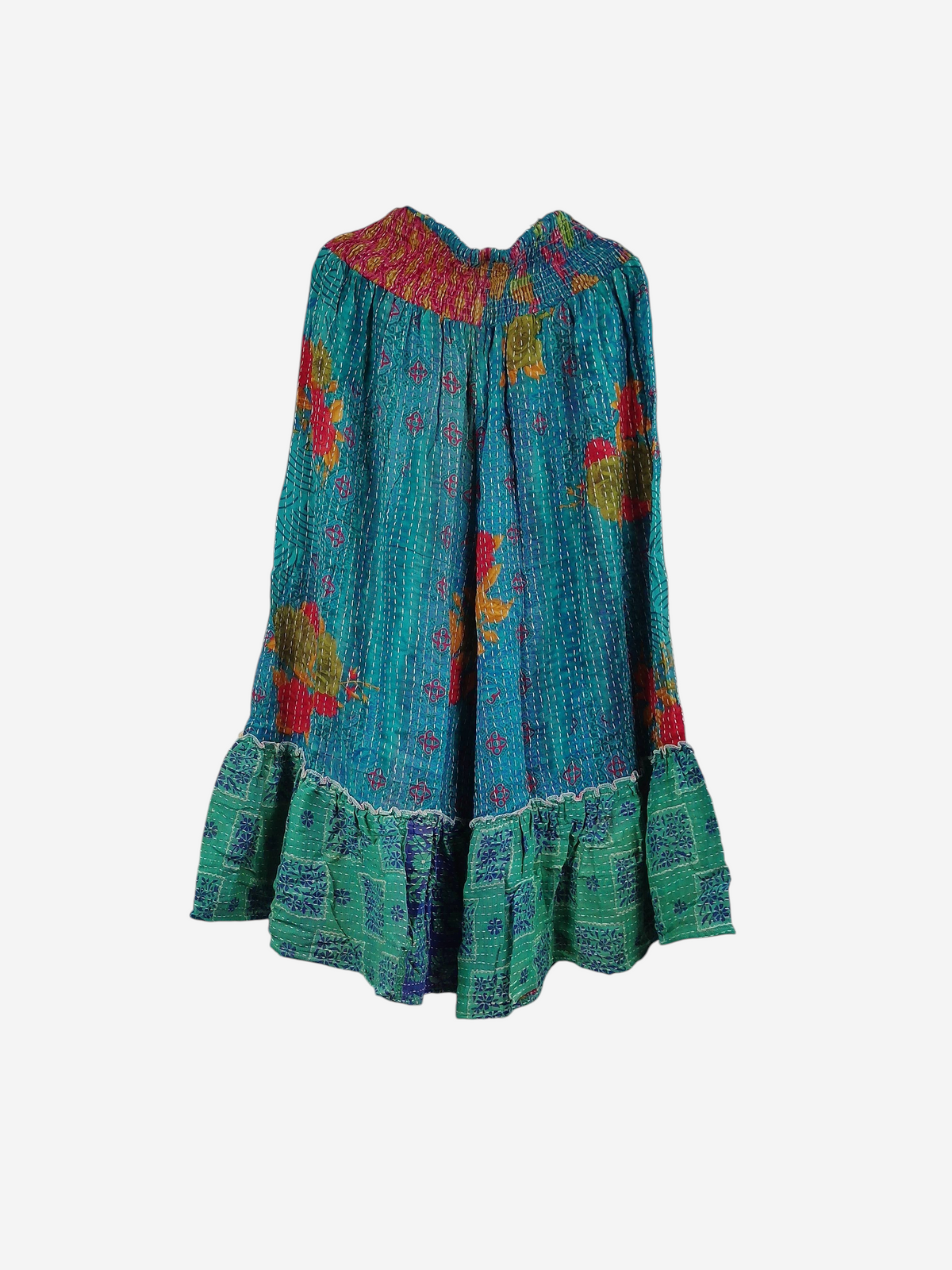 She Lives Beauty Anything for Selenas pants in teal vintage kantha cotton with a floral print and ruffled hem.