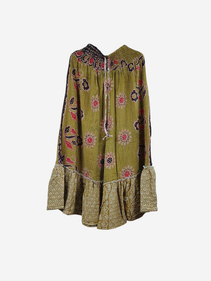 She Lives Beauty Anything for Selenas pants in olive green vintage Kantha cotton with floral print and ruffle hem.