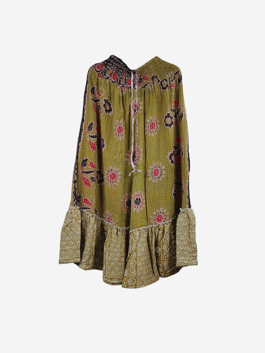 She Lives Beauty Anything for Selenas pants in olive green vintage Kantha cotton with floral print and ruffle hem.