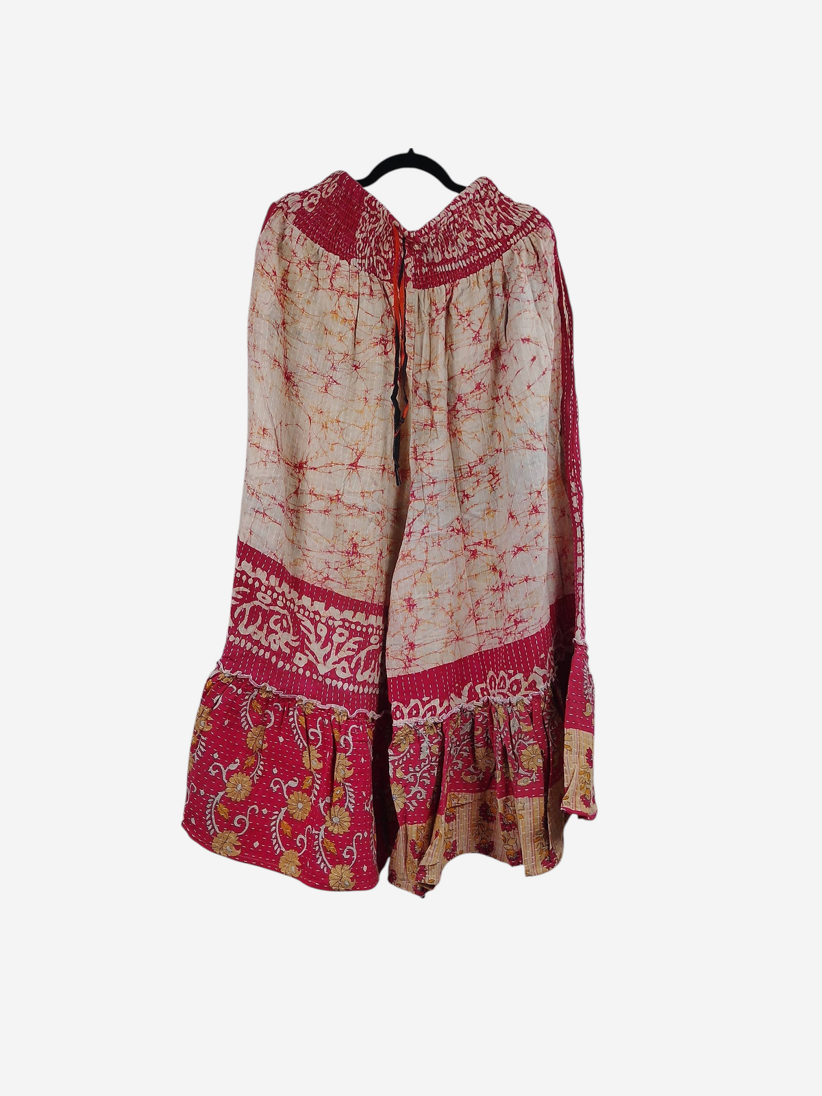 She Lives Beauty Anything for Selenas pants in vintage kantha cotton with cream and pink floral patterns and ruffle hem