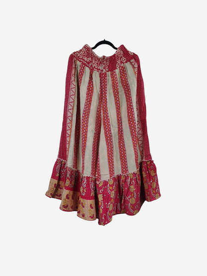 She Lives Beauty Anything for Selenas pants in red and cream vintage kantha cotton with a dramatic ruffled hem.