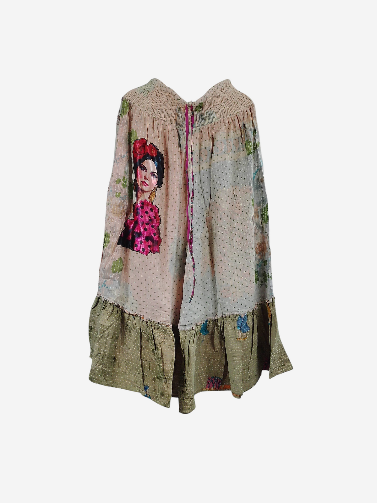 She Lives Beauty Anything for Selenas vintage kantha cotton pants with a portrait print and oversized ruffle hem.