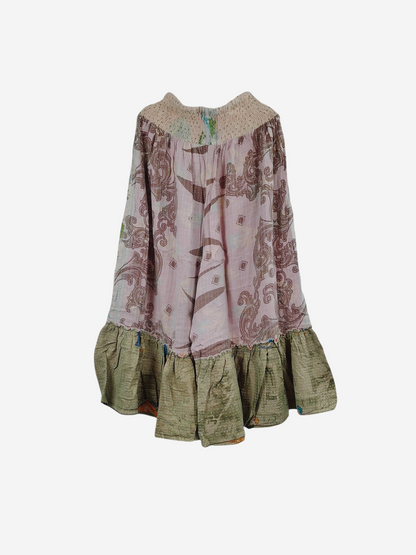 She Lives Beauty Anything for Selenas pants in vintage pink and olive kantha cotton with a ruffled hem.