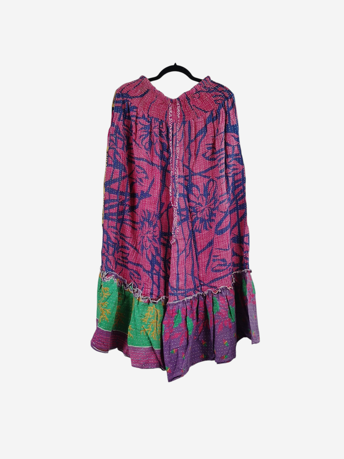 She Lives Beauty Anything for Selenas pants made from vintage pink and green kantha stitched cotton sari fabric.