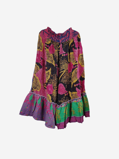 She Lives Beauty Anything for Selenas pants in vintage kantha cotton with floral patterns and a ruffled hem