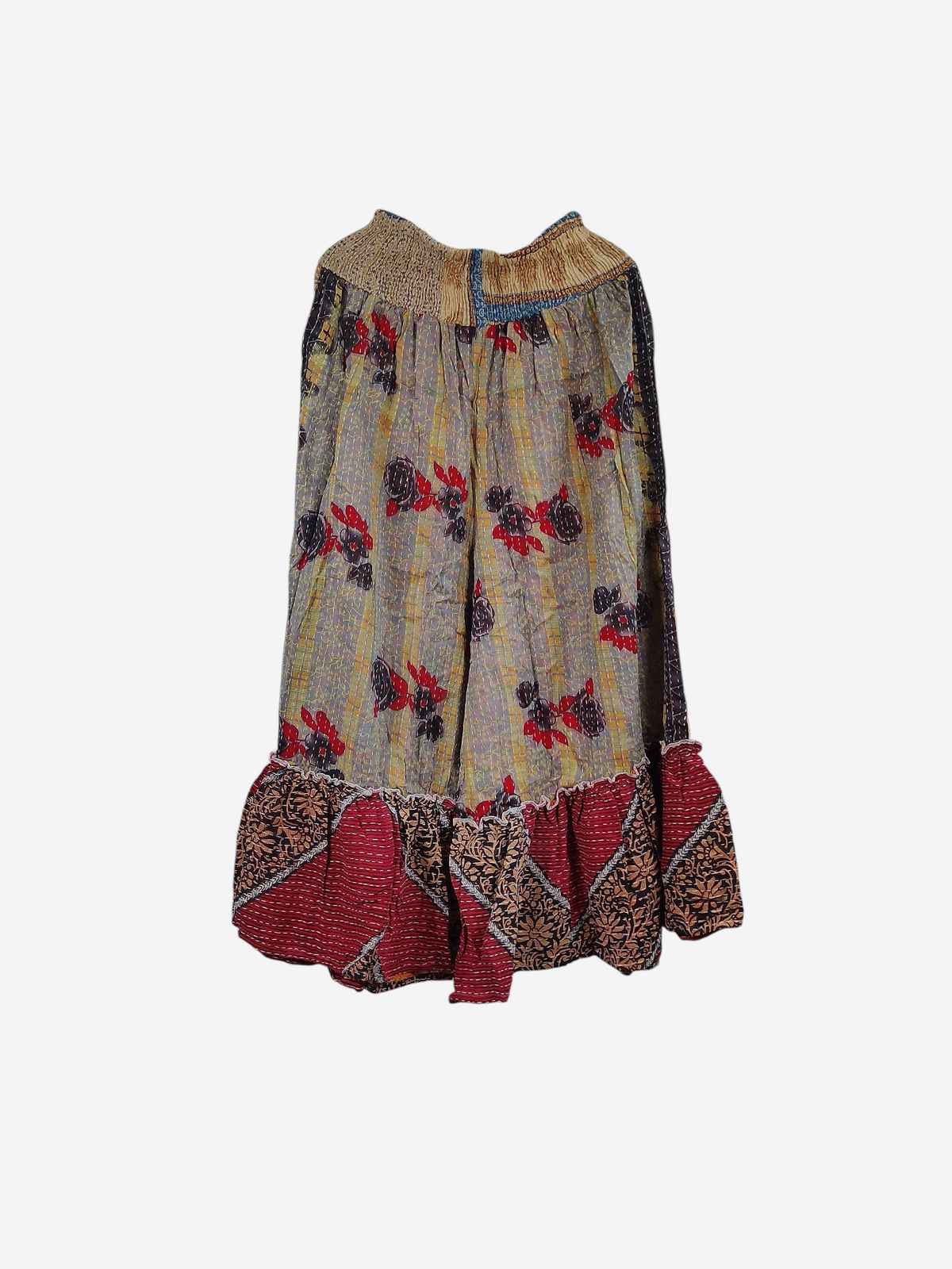 She Lives Beauty Anything for Selenas pants made from vintage kantha cotton with floral prints and a ruffled hem.