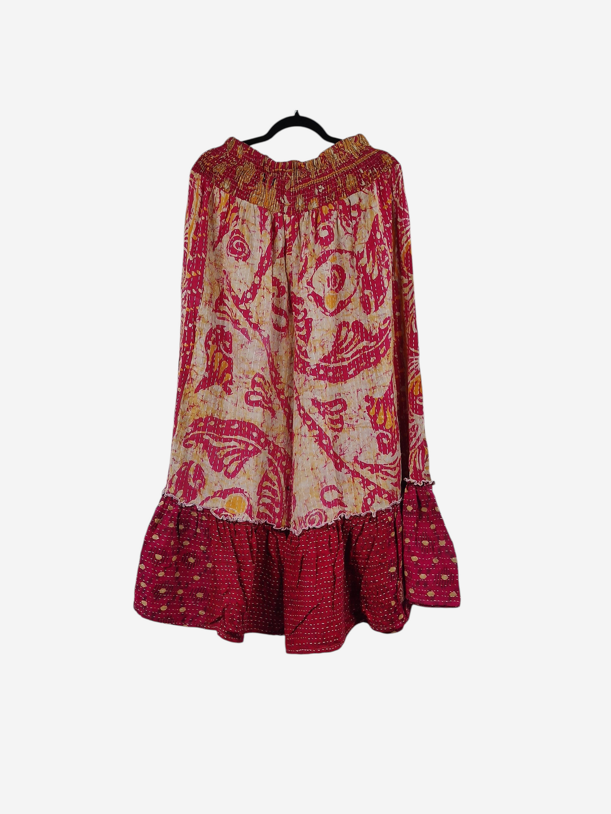 She Lives Beauty Anything for Selenas pants in pink and yellow vintage kantha cotton with a ruffled hem.