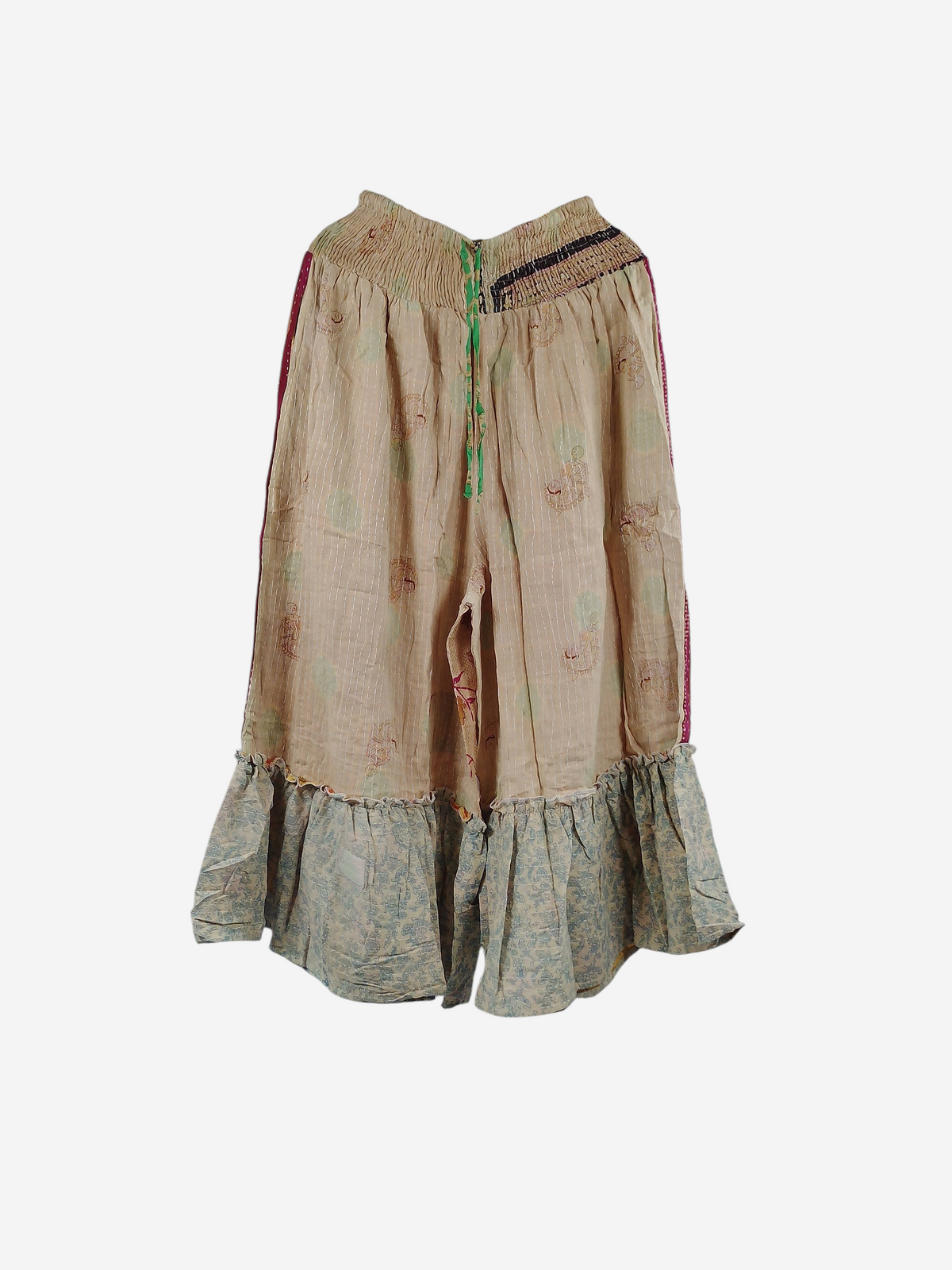 She Lives Beauty Anything for Selenas pants in vintage kantha cotton with a beige floral print and ruffled hem.