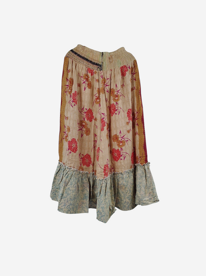 She Lives Beauty Anything for Selenas pants in vintage kantha cotton with floral print and oversized ruffle hem