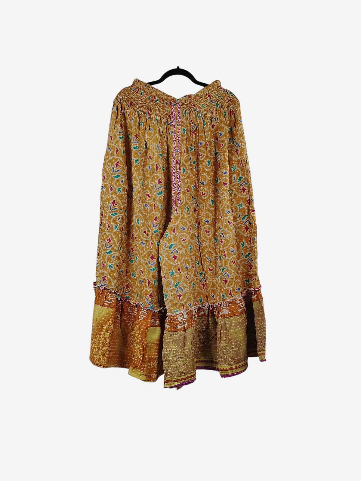 She Lives Beauty Anything for Selenas pants in yellow vintage kantha cotton with a ruffled hem and elastic waist.