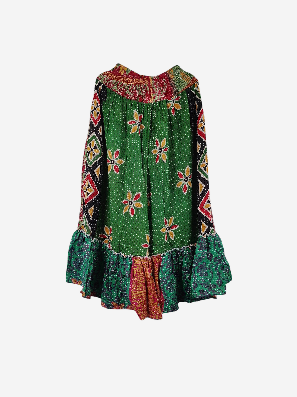 She Lives Beauty Anything for Selenas vintage kantha cotton pants with green floral print and oversized ruffle hem