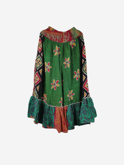 She Lives Beauty Anything for Selenas vintage kantha cotton pants with green floral print and oversized ruffle hem
