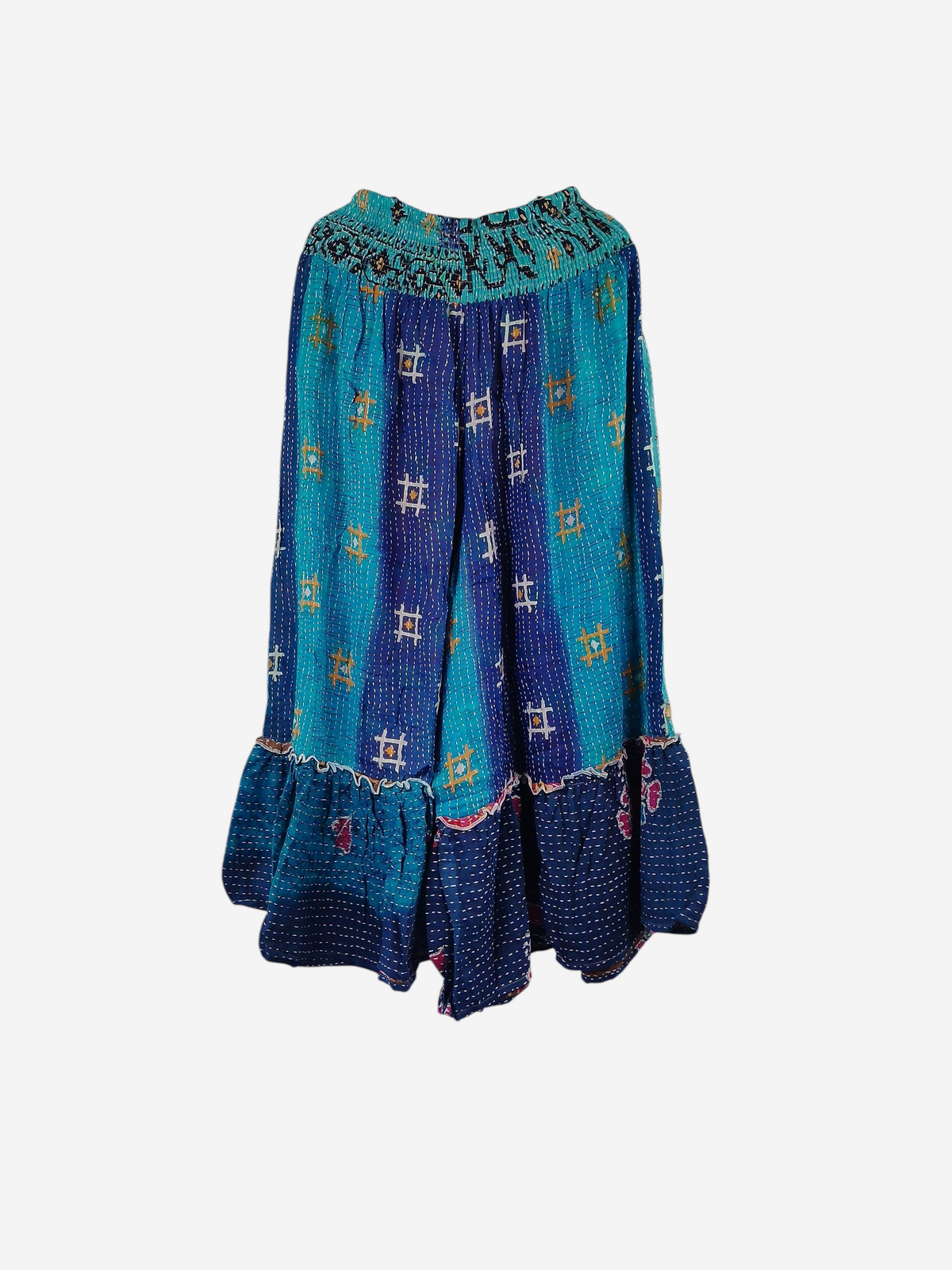 She Lives Beauty Anything for Selenas pants in blue vintage Kantha cotton with a ruffled hem and elastic waistband.