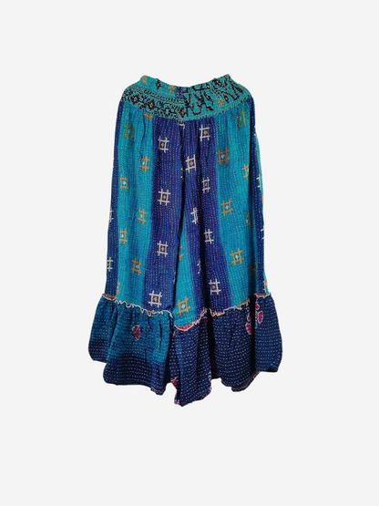 She Lives Beauty Anything for Selenas pants in blue vintage Kantha cotton with a ruffled hem and elastic waistband.